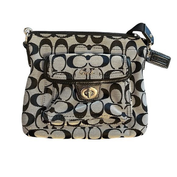 Coach Swingpack Crossbody Bag – Black Signature Sateen with Black Leather Trim - Picture 1 of 9